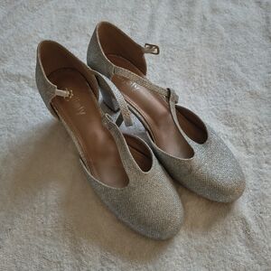 Peijely Silver Glitter Ankle Strap Block Heel Shoes